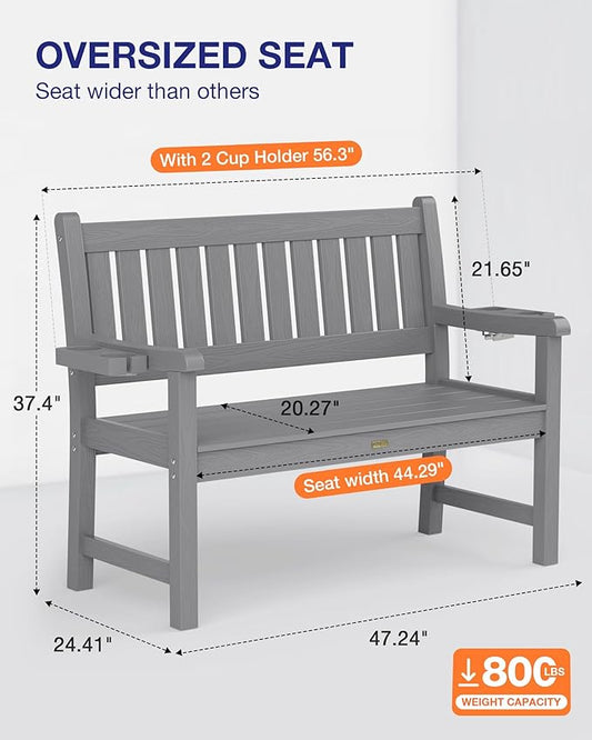 YEFU Outdoor Bench for Patio Waterproof: Heavy Duty 2-Person Garden Bench with 2 Cup Holders & Oversized Seating - HIPS Weatherproof Patio Benches for Front Porch Backyard Park, Grey