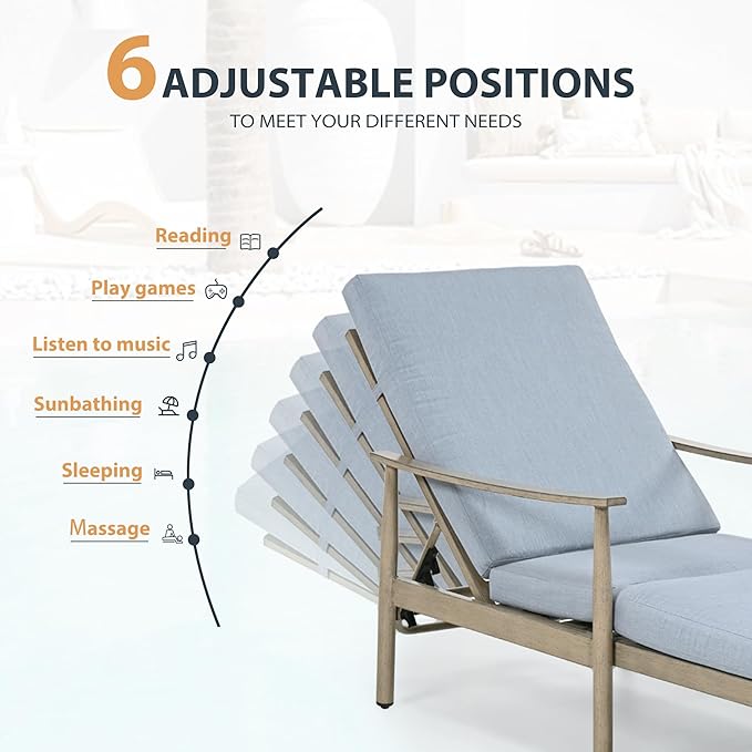 HAPPATIO Outdoor Chaise Lounge Set of 3, Aluminum Pool Chair with Adjustable Backrest and Cushion, Curved Armrest, Outdoor Lounge Chairs with Side Table for Beach, Yard, Poolside (Brown)