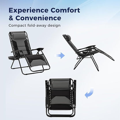 MAISON ARTS Oversized Zero Gravity Chairs Set of 2, Folding Padded Recliner Anti Gravity Lounge Chair with 28" Wide Seat and Cup Holder, Support 400lbs, Grey & Black
