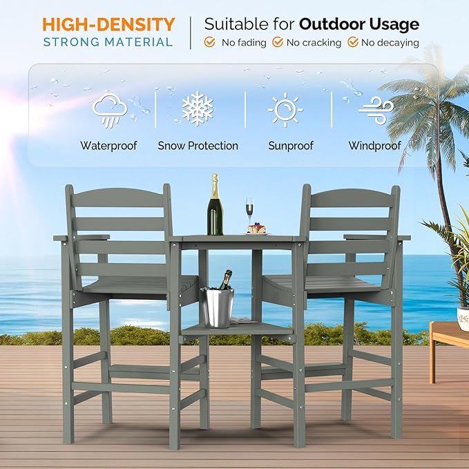 VINGLI Tall Adirondack Chairs Set of 2 with Removable Double Connecting Trays, HDPE Weather Resistance Outdoor Bar Stools Heavy Duty Patio Table and Chars Set Poly Deck Chairs for Pool Balcony (Gray)
