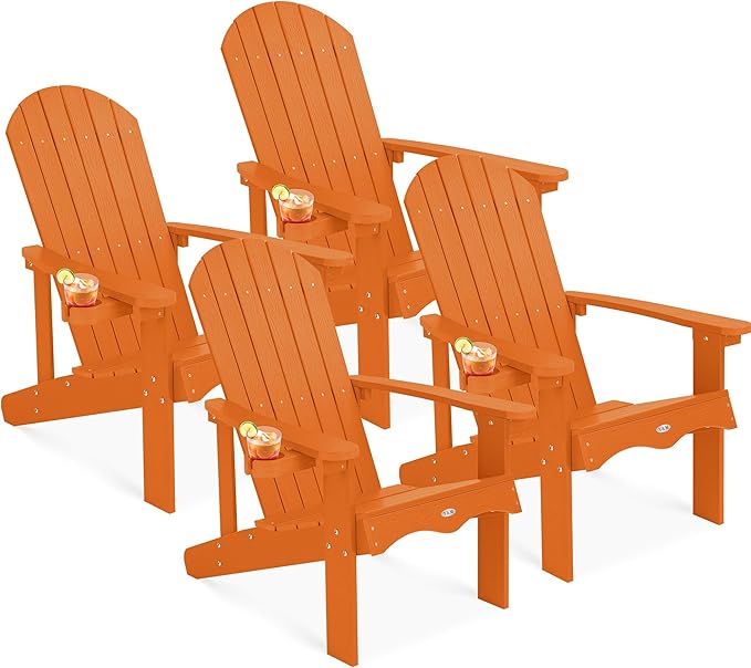 Y&M Adirondack Chair Set of 4, Orange Fire Pit Chairs, Outdoor Patio Chairs with Cup Holder, Weather Resistant HDPE Wooden Textured Patio Chairs, Perfect for Garden, Lawn, Deck, or Poolside