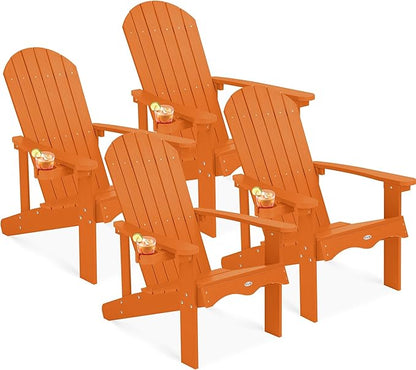 Y&M Adirondack Chair Set of 4, Orange Fire Pit Chairs, Outdoor Patio Chairs with Cup Holder, Weather Resistant HDPE Wooden Textured Patio Chairs, Perfect for Garden, Lawn, Deck, or Poolside