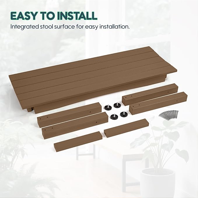 Weatherproof HIPS Outdoor Bench, 2-Person Patio Dining Bench, All-Weather Poly Lumber Garden Bench, Never Rot or Fade, Park Bench with Wood Grains for Porch, Entryway, Dark Brown, 2 Pack