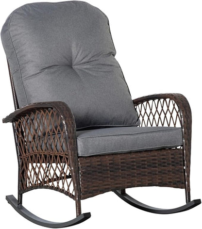 Outdoor Wicker Rocking Chair, PE Rattan Patio Rocker with Cushioned Removable Washable Covers for Porch, Garden, Backyard, Balcony(Gray)