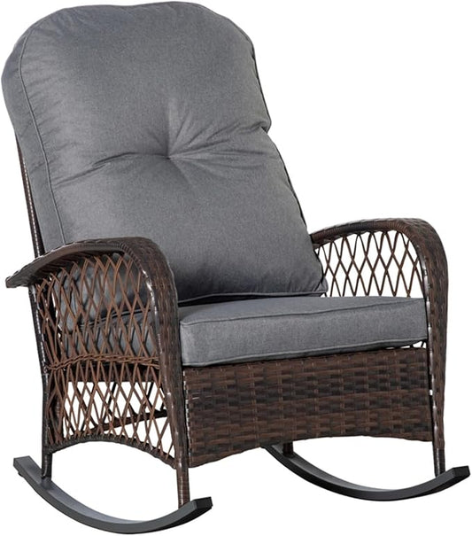 Outdoor Wicker Rocking Chair, PE Rattan Patio Rocker with Cushioned Removable Washable Covers for Porch, Garden, Backyard, Balcony(Gray)