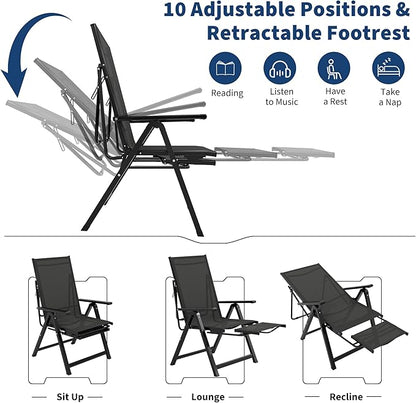 Outdoor Lounge Chairs, Patio Folding Chairs for Outside, Chaise Lounge Chairs with 10 Position Adjustable Backrest & Retractable Footrest for Poolside, Garden, Deck, Lawn, No Assembly, 330lbs, Black