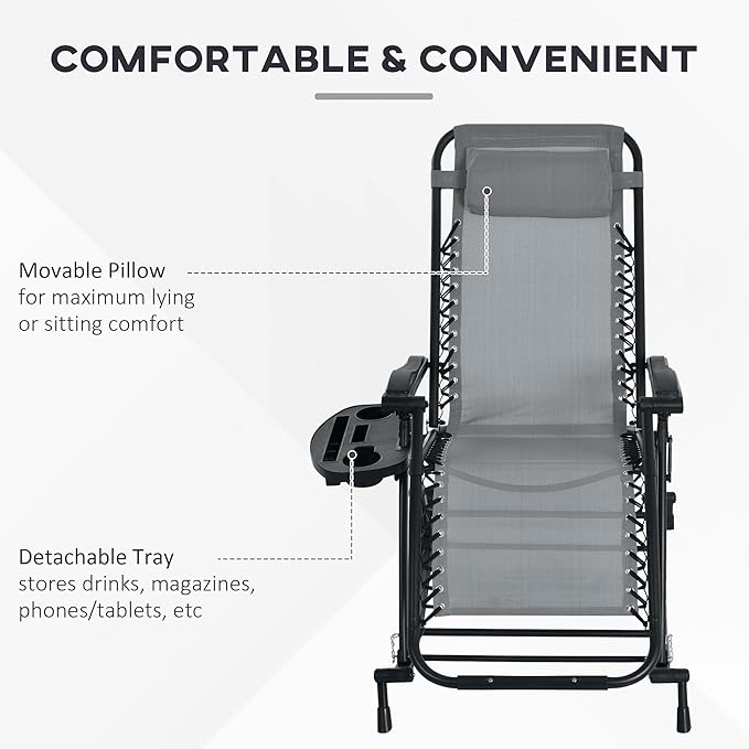 Outsunny Set of 2 Outdoor Rocking Chairs, Foldable Reclining Zero Gravity Lounge Rocker with Pillow, Cup & Phone Holder, Combo Design with Folding Legs, Gray