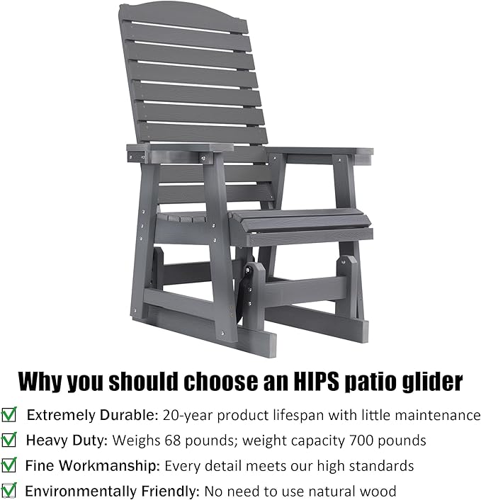 Poly Lumber Patio Glider for One Person, with Cup Holders, High Backrest and Deep Contoured Seat, HIPS Material - Photo 4