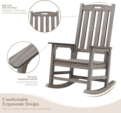 Psilvam Outdoor Rocking Chair, Poly Lumber Oversized Rocking Chair with 21" Wide Seat and 32" Tall Backrest, Pre-Assembled with Most Components for Effortless Installation(Light Gray)