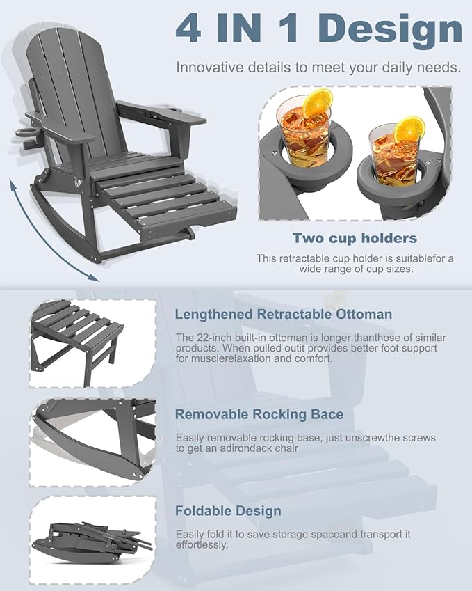 Adirondack Rocking Chairs Set of 2 with Retractable Ottoman, All Weather Folding Adirondack Chair with Two Cup Holders, Adirondack Outdoor Rocking Chairs for Porch, Patio, Balcony. Grey