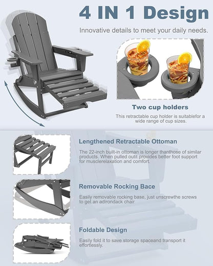 Adirondack Rocking Chair with Retractable Ottoman, All Weather Folding Adirondack Chair with Two Cup Holders, Adirondack Outdoor Rocking Chairs for Porch, Patio, Balcony. Grey