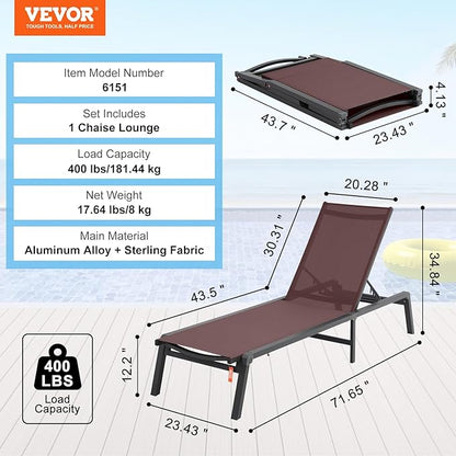 VEVOR Chaise Lounge Chair Outdoor, Aluminum Patio Lounge Chairs with Adjustable 5-Position, Folding Pool Chair Recliner and Full Flat Tanning Chairs for Patio, Beach, Pool, Brown