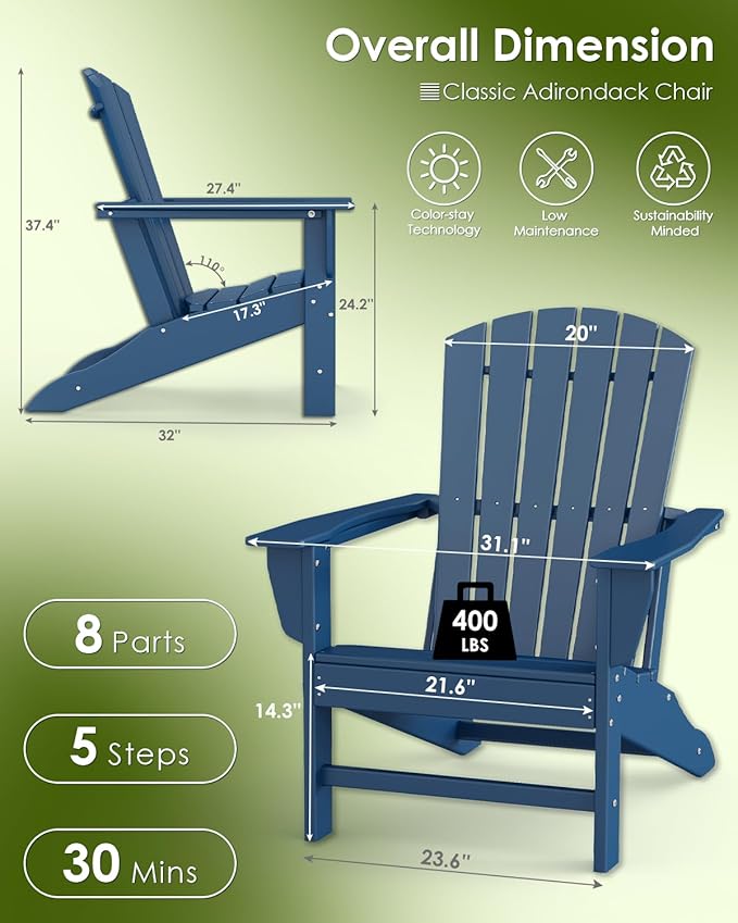 GREENVINES Adirondack Chairs Set of 6 | HDPE Plastic | All Weather | Oversized Fire Pit Chair | Blue | Poly Lumber | for Outdoor Deck Backyard Patio Garden