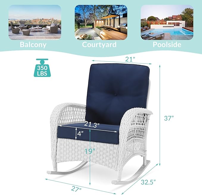 MEETWARM Outdoor Wicker Rocking Chairs Set of 2, Rattan Patio Rocker Chairs with Thick Cushions and High Back, All-Weather Patio Wicker Chair with Safe Rocking Design for Garden, White/Navy