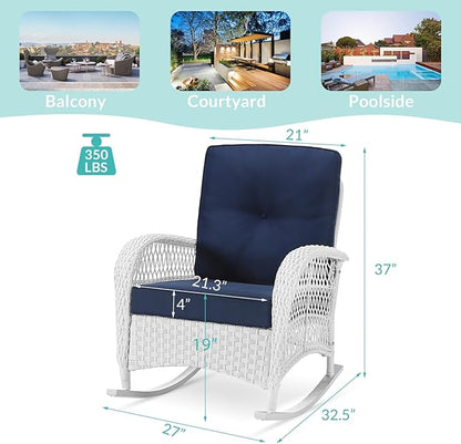 MEETWARM Outdoor Wicker Rocking Chairs Set of 2, Rattan Patio Rocker Chairs with Thick Cushions and High Back, All-Weather Patio Wicker Chair with Safe Rocking Design for Garden, White/Navy