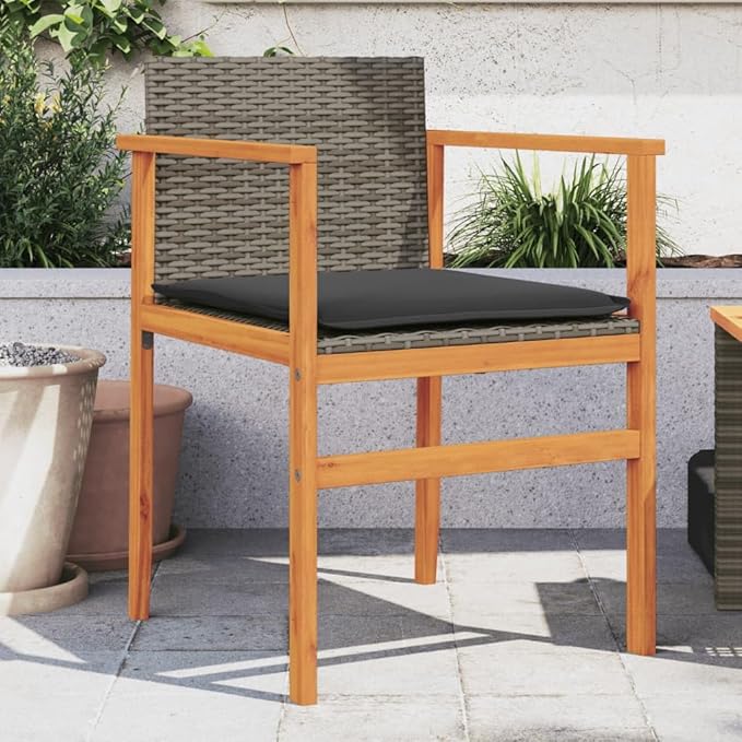 Patio Chairs with Cushions 2 pcs Gray Poly Rattan&Solid Wood Sillas para Patio Lawn Chairs for Dining Table Garden - Photo 1