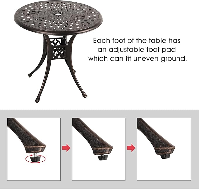COBANA Patio Bistro Table, 31’’ Round Cast Aluminum Outdoor Dining Retro Side Table with 2’’ Umbrella Hole, Bronze - Photo 5