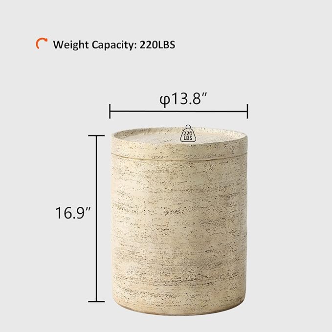 HOMPUS Round Outdoor Side Table, Rustic Modern Vintage Patio End Table, Weathered Stone Small Outdoor Accent for Indoor Outdoor Use, Patio, Garden, Cream