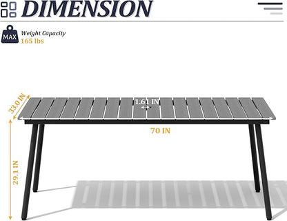 70" Patio Outdoor Dining Table for 6, Weather-Resistant Aluminum Frame with Wood-Grain Top & Umbrella Hole for Deck Gatherings, Dark Grey