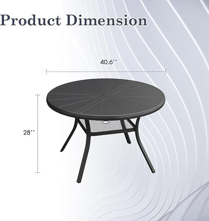 Outdoor Patio Round Dining Table for 4, 40.7" x 40.7" Sleek Aluminum Dining Table with Umbrella Hole for Backyard Garden Lawn Deck, Black