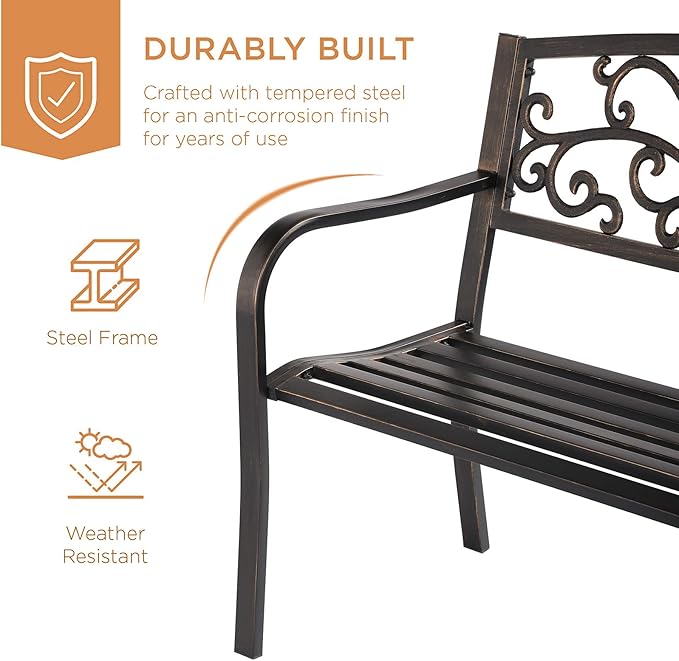 Patio Garden Bench Outdoor Metal Bench Park Yard Furniture Cast Iron Loveseats with Armrests for Porch Backyard Lawn Deck