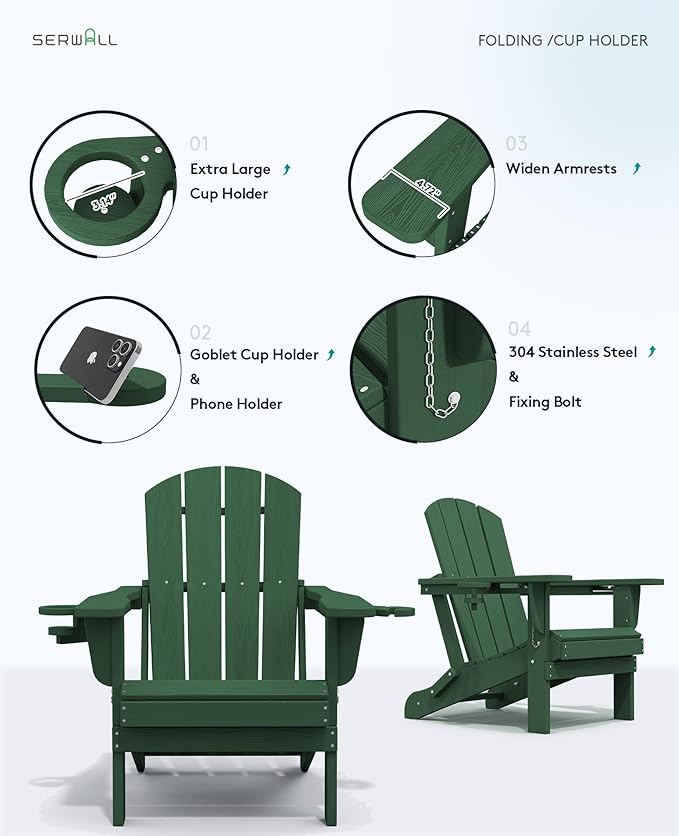 SERWALL Adirondack Chair with Cup Holders - Composite Adirondack Chairs HDPE Outdoor Chairs All Weather Use- Green - Photo 8