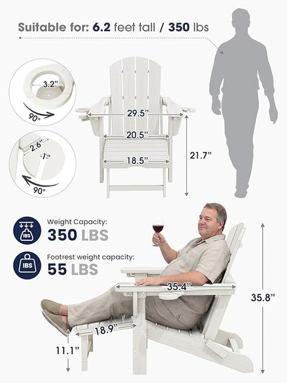 KINGYES Folding Adjustable Adirondack Chair with Ottoman & 2 Cup Holders, HDPE Adirondack Recliner Chair with Footrest, White