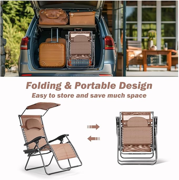 Goplus Zero Gravity Chairs, X-Large Folding Lounge Lawn Chair w/Canopy Shade & Cup Holder - Photo 7
