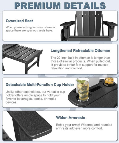 Adjustable Adirondack Chair with Retractable Ottoman, HDPE Folding Adirondack Chair with Cup Holder, All Weather Fire Pit Chair for Outdoor.