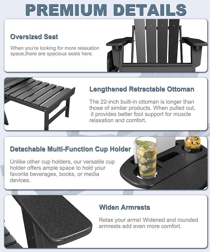 Adjustable Adirondack Chair with Retractable Ottoman Set of 4, HDPE Folding Adirondack Chair with Cup Holder, All Weather Fire Pit Chair for Outdoor,Black