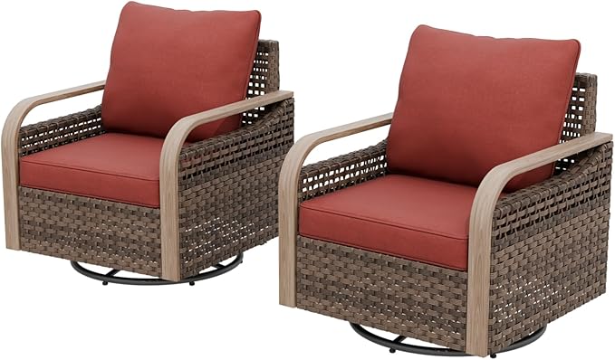 EAGLE PEAK Modern Wicker Outdoor Glider Rocking Chair, Swivel Rocker, Rattan Patio Furniture for Yard Deck Porch Garden, 2 Chairs, Brown/Red