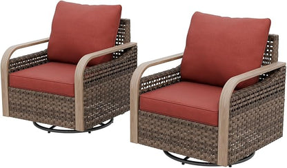 EAGLE PEAK Modern Wicker Outdoor Glider Rocking Chair, Swivel Rocker, Rattan Patio Furniture for Yard Deck Porch Garden, 2 Chairs, Brown/Red