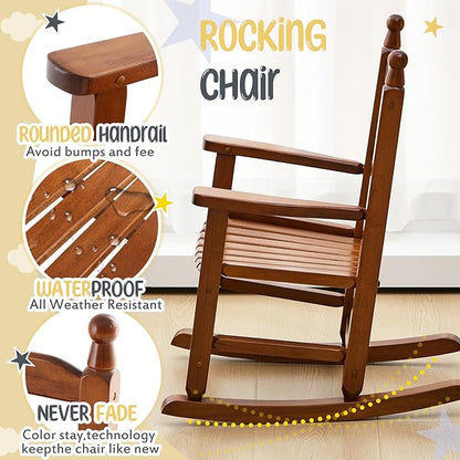 Kids Rocking Chair Cushion Pad Set Toddler Rocking Chair Indoor Outdoor Wooden Rocker Child Patio Rocker for Porch Balcony Lawn Indoor Outdoor(Brown,Ages 2-5)