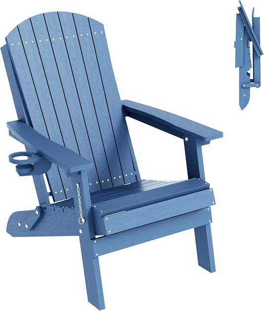 HDPE Foldable Adirondack Outdoor Chair with Cup Holder, Weather Resistant Heavy-Duty Patio Chair for Patio, Backyard, Deck, Fire Pit, Lawn and Porch, Light Blue