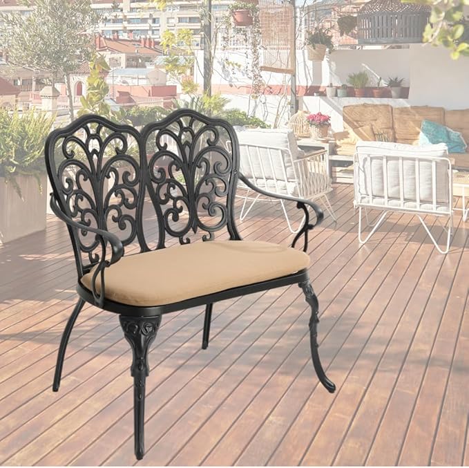 Patio Aluminum Outdoor Bench with Soft Cushion, Garden Metal Loveseat Furniture, Vintage Carving Antique Black Front Porch Chair Seat