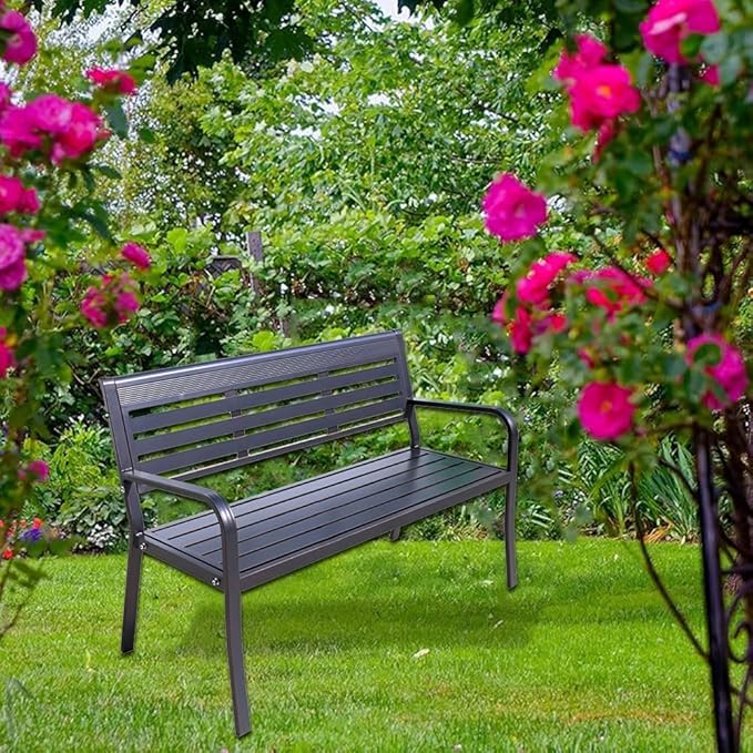 Metal Garden Bench 2-Seater, Aluminum Park Bench with Backrest and Armrests, Weatherproof Outdoor Furniture Loveseat(Natural)