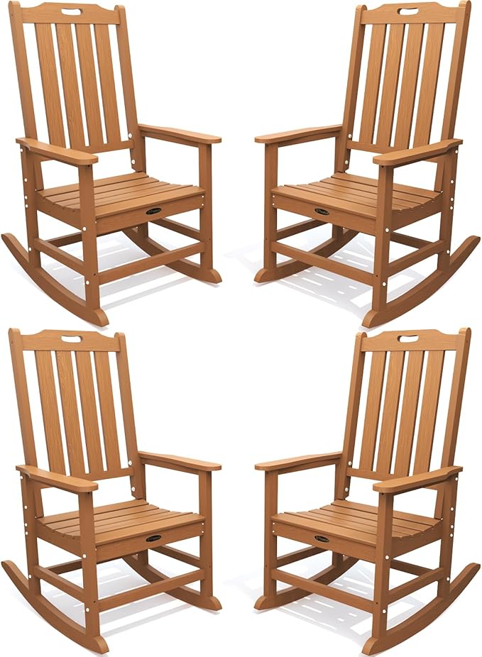 Oversized Rocking Chair Set of 4, Outdoor Rocking Chair for Adults, All Weather Resistant Porch Rocker for Lawn Garden, Wood