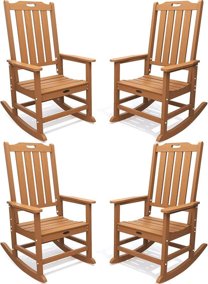 Oversized Rocking Chair Set of 4, Outdoor Rocking Chair for Adults, All Weather Resistant Porch Rocker for Lawn Garden, Wood