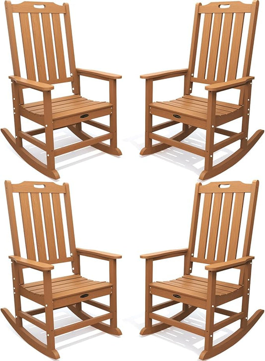 Oversized Rocking Chair Set of 4, Outdoor Rocking Chair for Adults, All Weather Resistant Porch Rocker for Lawn Garden, Wood