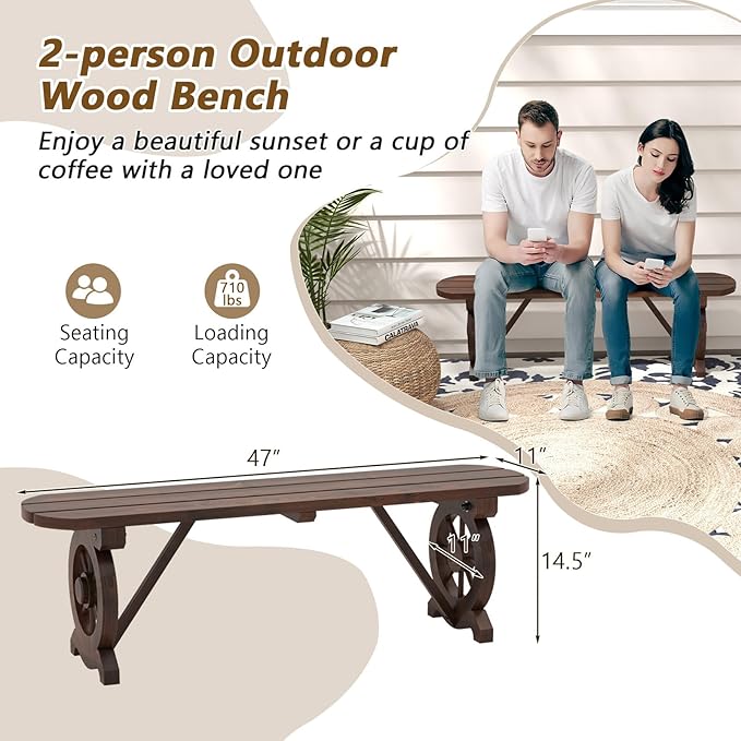 Giantex 2-Person Wooden Outdoor Bench with Wagon Wheel Legs, Slatted Seat, Rustic Country Design, 710 Lbs Weight Capacity, Patio Bench for Porch, Lawn, Backyard, Park, Garden, Brown (47”)