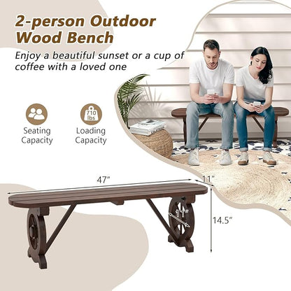 Giantex 2-Person Wooden Outdoor Bench with Wagon Wheel Legs, Slatted Seat, Rustic Country Design, 710 Lbs Weight Capacity, Patio Bench for Porch, Lawn, Backyard, Park, Garden, Brown (47”)