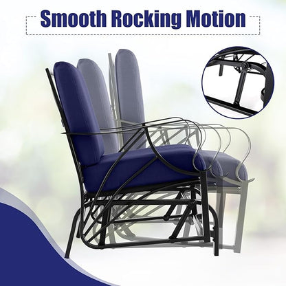 Giantex Outdoor Glider, Patio Rocking Chair with Thick Cushion, Sturdy Metal Frame, Curved Armrest, Ergonomic Design, Single-Person Glider Chair for Garden, Yard, Porch Rocker, Navy