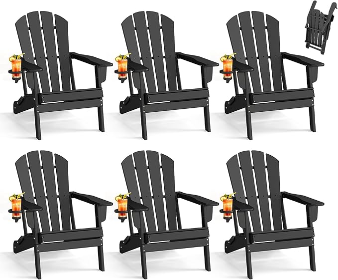 BRIOPAWS Folding-Adirondack-Chairs Set of 6 | HDPE Plastic | Fire Pit Chair | Cup Holder | Curved Back | All Weather | for Outdoor Backyard Deck Patio | Black
