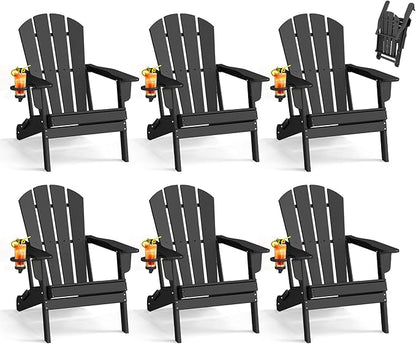 BRIOPAWS Folding-Adirondack-Chairs Set of 6 | HDPE Plastic | Fire Pit Chair | Cup Holder | Curved Back | All Weather | for Outdoor Backyard Deck Patio | Black