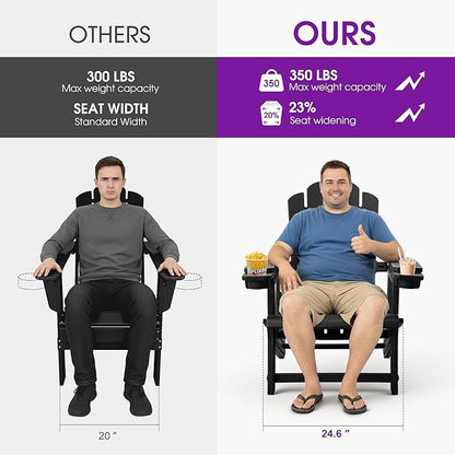 PURPLE LEAF Adirondack Chair Set of 2 HDPE All-Weather Outdoor Fire Pit Chair with 24.6" Oversized Seat Wood-Textured Patio Adirondack Chair with Dual Cup Holders for Garden Deck Backyard, Black