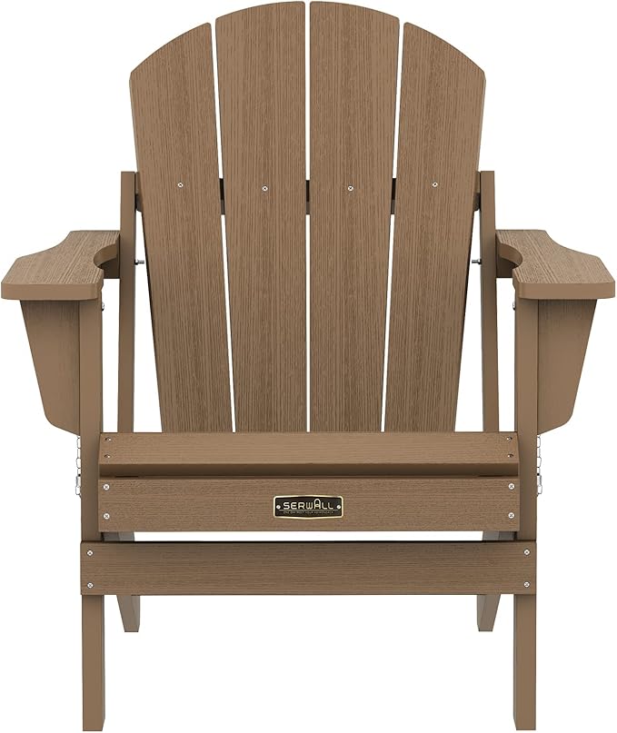 SERWALL Folding Adirondack Chair Set of 6, Wooden Textured Lawn Chair with Cup Holder for Patio Garden Weather Resistant Outdoors Fire Pit Chairs- Brown