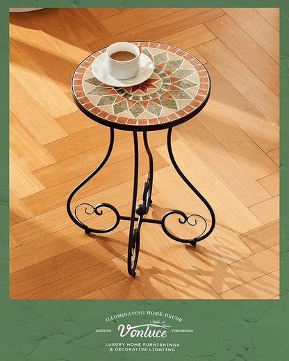 VONLUCE Outdoor Side Table and Mosaic Plant Stand, 21" Round End Table with 14" Ceramic Tile Top for Patio Porch Decor, Indoor and Outdoor Accent Table, Small Coffee Table for Home Garden, Quilt Star