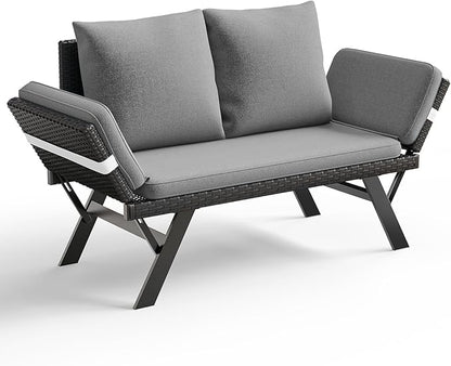 TAVATA Outdoor Patio Sofa, Woven Rattan Patio Loveseat with Adjustable Armrests & Removable Cushions, Convertible Daybed Couch with 2 Pillows for Patio, Porch, Poolside (Grey)