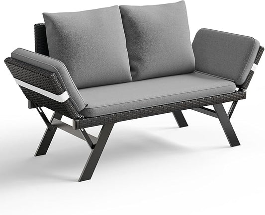 TAVATA Outdoor Patio Sofa, Woven Rattan Patio Loveseat with Adjustable Armrests & Removable Cushions, Convertible Daybed Couch with 2 Pillows for Patio, Porch, Poolside (Grey)