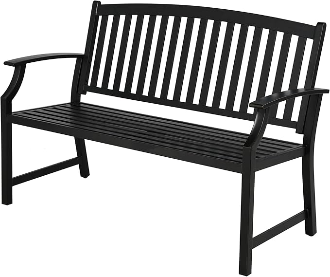 Grand patio 52" Farmhouse Outdoor Bench, Garden Benches with Anti-Rust Aluminum Powder Coated Frame, Faux Wood Grain Finish Frame Patio Bench for Front Porch, Black